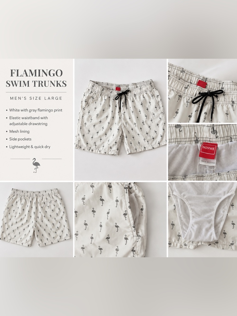 White mens Swim Trunks with Black Flamingo Print